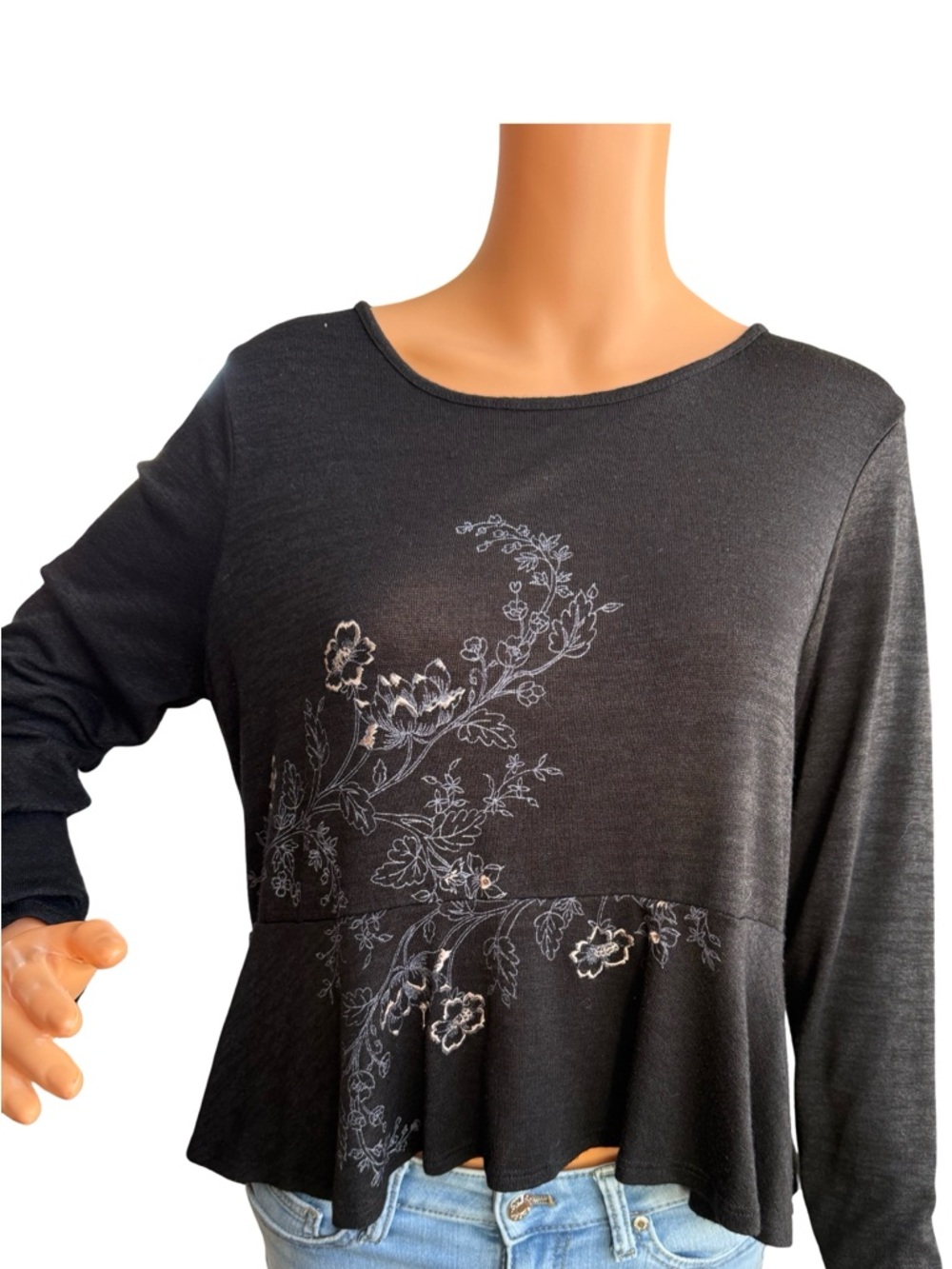 LC Lauren Conrad Black Long-Sleeve Floral Peplum Top